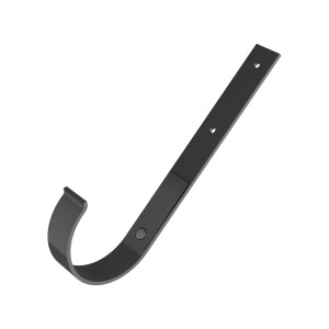 Czarny plastikowy wspornik rynny dachowej do systemów rynnowych.