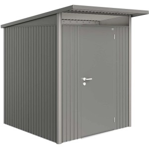 Szara metalowa szopa narzędziowa z drzwiami i dachem. Idealna do przechowywania w ogrodzie.