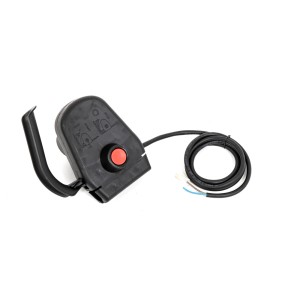 Czarny przełącznik t.b.t. z czerwonym przyciskiem i kablem do kosiarek.