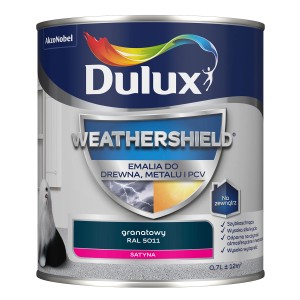 Dulux Weathershield emalia, granatowa, do drewna, metalu i PCV. Odporna na warunki atmosferyczne farba do użytku zewnętrznego.