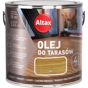 Puszka oleju do tarasów Altax, odcień dąb, 2,5l. Olej do drewna chroni przed UV, deszczem i grzybami.