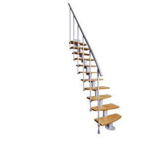 Schody wewnętrzne t.b.t. ze stopniami drewnianymi i szarą poręczą.