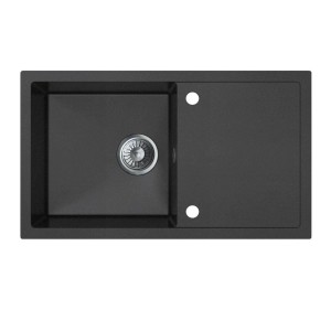 Czarny zlewozmywak granitowy t.b.t. z ociekaczem i dwoma otworami na baterię.