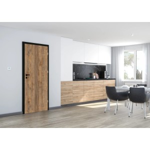 Drzwi wewnętrzne t.b.t. o wyglądzie drewna z czarną ramą w nowoczesnym wnętrzu.