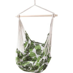 Fotel wiszący Lytton z nadrukiem dżungli, polibawełna, z poduszkami. Wygodny fotel huśtawkowy do użytku wewnątrz i na zewnątrz.