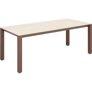 Prostokątny stół ogrodowy z jasnym blatem i brązową metalową ramą.