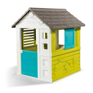 Plastikowy domek dla dzieci w kolorze białym, zielonym i turkusowym z brązowym dachem.
