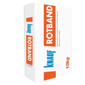 Worek Knauf Rotband Haftputz 10 kg, gipsowa zaprawa tynkarska do wnętrz, białe opakowanie z czerwonym i niebieskim napisem.
