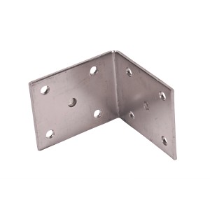 Kątownik ze stali nierdzewnej, 50x50x40 mm, z otworami do konstrukcji drewnianych.