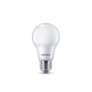 Żarówka LED E27 Philips, biały kształt bańki ze srebrną podstawą.