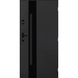 Nowoczesne, czarne drzwi zewnętrzne z pionowym elementem dekoracyjnym i klamką.