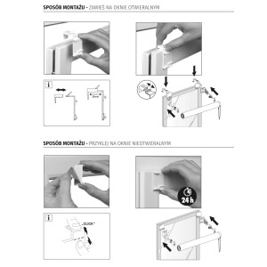 Instrukcja montażu rolety t.b.t.: Zawieszenie na oknie otwieranym, przyklejenie na oknie nieotwieranym.