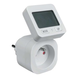 Biały licznik elektryczny t.b.t. do gniazdka z wyświetlaczem.