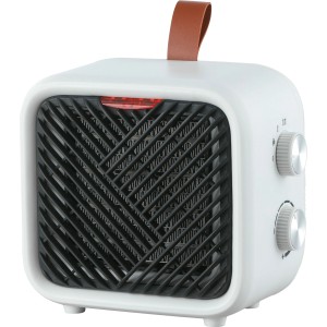 Kompaktowy, biały grzejnik ceramiczny Nevala 2w1 z uchwytem i regulatorami. Elektryczny grzejnik do użytku wewnętrznego.