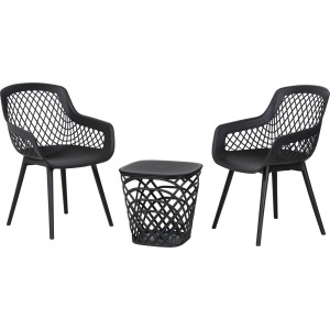 Czarny zestaw mebli balkonowych: 2 krzesła i 1 stolik z wzorem siatki.