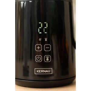 Czarny czajnik t.b.t. z cyfrowym wyświetlaczem temperatury i panelem sterowania.