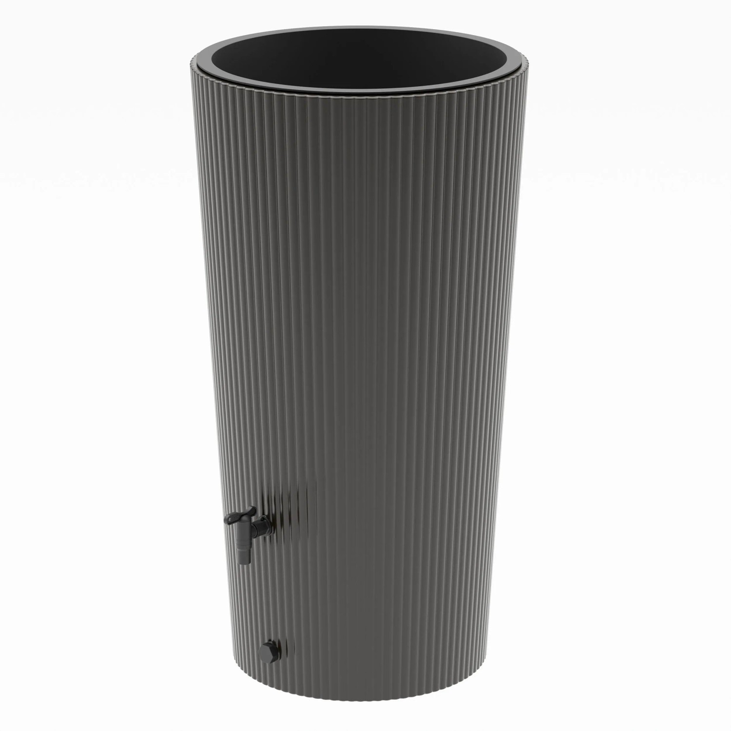 Antracytowa beczka na deszczówkę Wave 2w1 o pojemności 200 l z kranem. Falisty design do ogrodu i na taras.