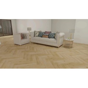 Jasne panele winylowe t.b.t. ułożone w jodełkę w salonie.