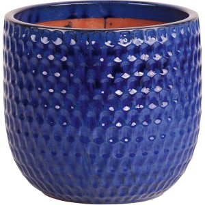 Niebieska, glazurowana doniczka ceramiczna z wzorem reliefowym, Ø 25 cm.