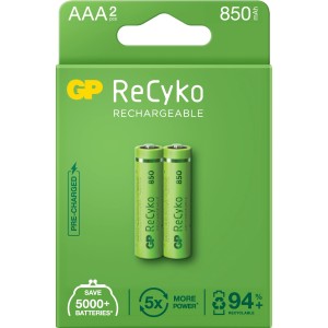 Akumulatorki GP ReCyko AAA, 2 sztuki, 850mAh, w zielonym opakowaniu.