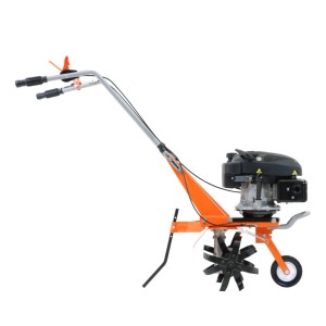 Glebogryzarka spalinowa t.b.t., pomarańczowa, z kołami i nożami.