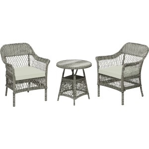 3-częściowy zestaw balkonowy Rosetown z szarego polirattanu ze stołem i 2 fotelami z poduszkami.