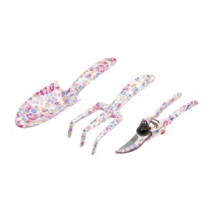 3-częściowy zestaw narzędzi ogrodowych we wzory kwiatowe: łopatka, grabie, sekator do ogrodu i na balkon.