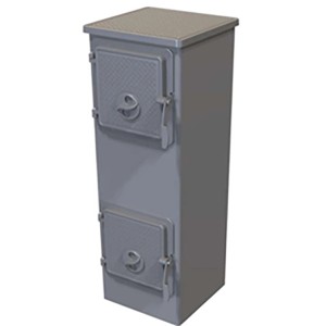 Szary piec z dwoma drzwiczkami. Kompaktowy piec do wnętrz.