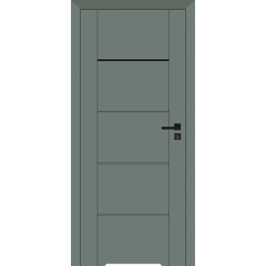 Nowoczesne szare drzwi wewnętrzne o liniowym designie z czarną klamką.