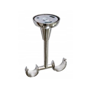 Srebrny uchwyt sufitowy do karnisza, służący do mocowania drążków do zasłon.