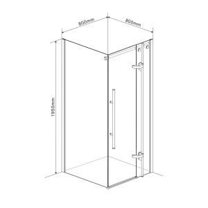 Rysunek techniczny kwadratowej kabiny prysznicowej (t.b.t.) o wymiarach 800x800x1950mm.