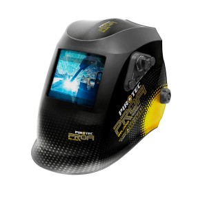 Czarna maska spawalnicza z żółtymi akcentami i okienkiem do akcesoriów spawalniczych.