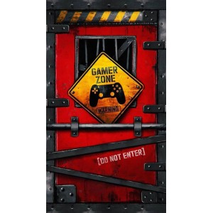 Dywan krótkowłosy t.b.t. z motywem Gamer Zone na czerwonych drzwiach z oknem z kratami.