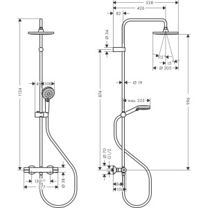 Rysunek techniczny: System prysznicowy Hansgrohe Vernis Blend 200 1jet z wymiarami i detalami.