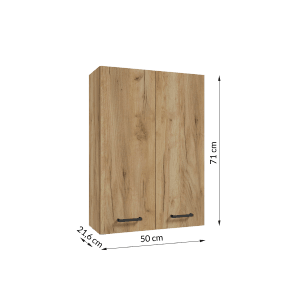 Szafka wisząca łazienkowa t.b.t., wygląd drewna, z dwojgiem drzwi i uchwytami.