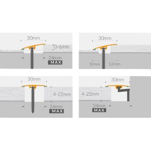 Schemat różnych metod montażu listew przypodłogowych t.b.t. ze śrubami i wymiarami.