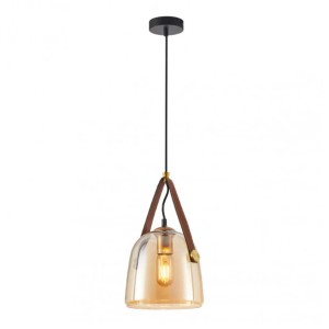 Nowoczesna lampa wisząca z bursztynowym szklanym kloszem i detalami z pasków skórzanych.