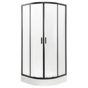 Kabina półokrągła t.b.t. z czarną ramą i przezroczystym szkłem.