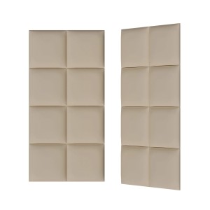 Beżowe panele ścienne t.b.t. o kwadratowym wzorze.