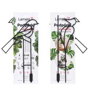 Dwa czarne podpory dla roślin w kształcie ptaka firmy Lamela, akcesoria do doniczek.