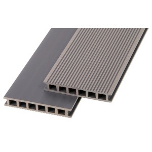 Szare deski tarasowe t.b.t. z rowkowaną powierzchnią i profilem komorowym.