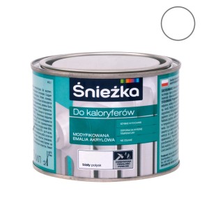 Puszka z białą farbą do kaloryferów Śnieżka. Farba antykorozyjna.