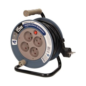 Przedłużacz bębnowy z 4 gniazdami i kablem 15m, szary/czarny.