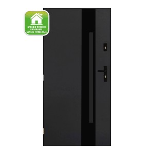 Nowoczesne antracytowe drzwi zewnętrzne z prostą klamką i wąskim pionowym elementem dekoracyjnym.