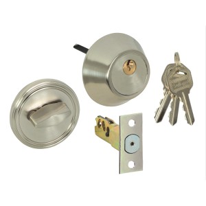 Zestaw zamka do drzwi t.b.t. w kolorze srebrnym: cylinder, klucze i okucia.