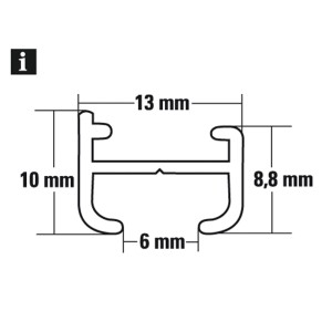 Przekrój poprzeczny szyny aluminiowej Gardinia (biała, 180 cm) z wymiarami.