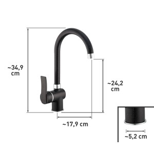 Czarna bateria jednouchwytowa t.b.t. z obrotową wylewką i wymiarami.