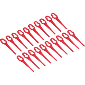 Czerwone ostrza zamienne t.b.t. do podkaszarek i kos, akcesoria do prac ogrodowych.