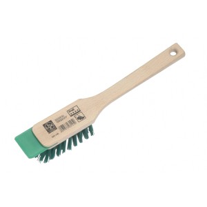 Szczotka do kosiarki LUX ze skrobakiem, drewniana rączka, zielone włosie i szpatułka.