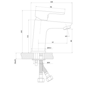 Rysunek techniczny baterii umywalkowej z wymiarami.